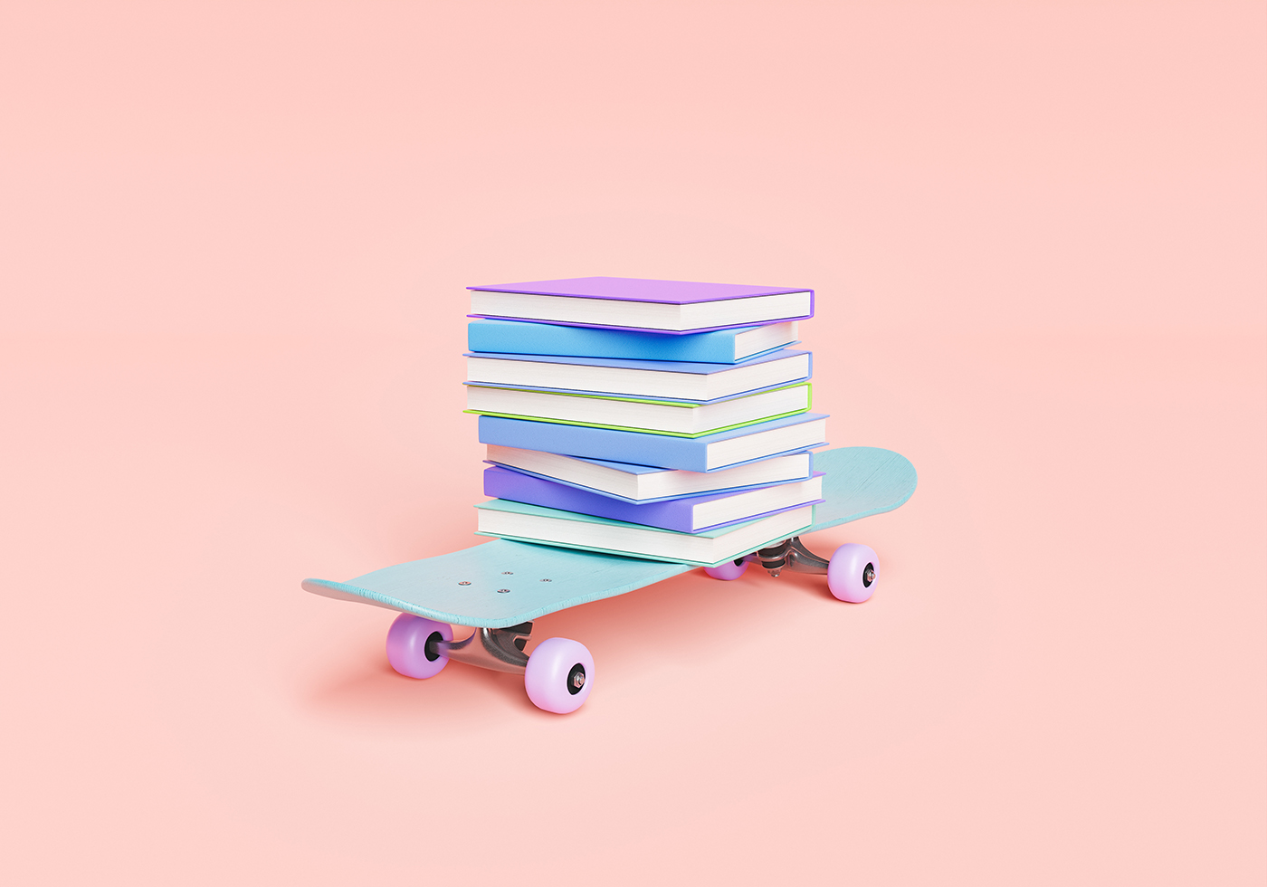Skateboard with pile of books