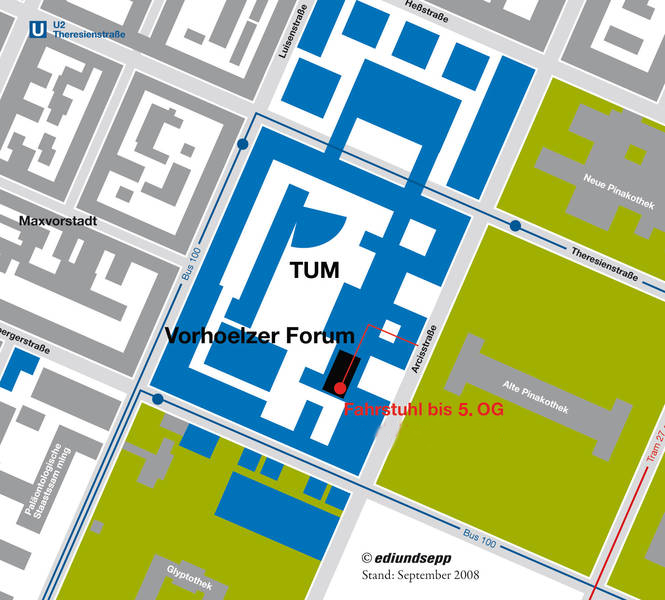 Karte des TUM-Stammgeländes mit Anfahrtsbeschreibung zum Vorhoelzer Forum
