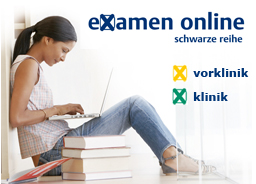 Junge Frau mit Laptop und Bücherstapel neben sich sowie Logo von "exmanen online"