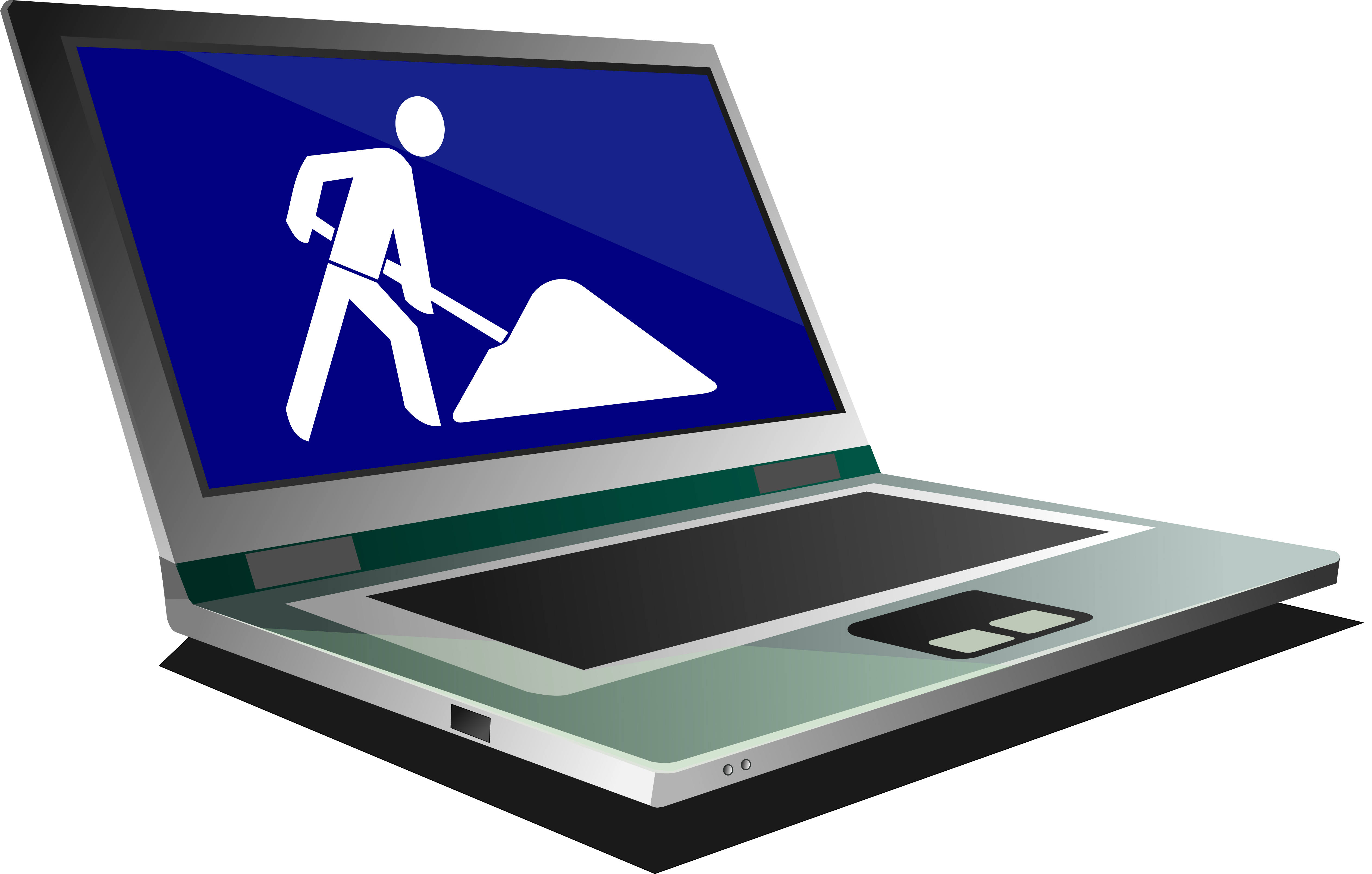 Grafik eines Laptops, auf dessen Bildschirm das blau-weiße Piktogramm einer Baustelle zu sehen ist.