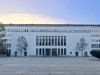 Exterior view of the Branch Library Main Campus at dawn