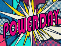 Pop art graphic with "Powerday" lettering