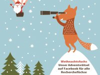 Grafik mit Weihnachtsmann im Heißluftballon und Fuchs mit Fernglas