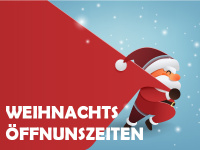 Cartoon mit Weihnachtsmann und Schriftzug "Weihnachtsöffnungszeiten"