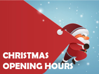 Cartoon mit Weihnachtsmann und Schriftzug "Christmas Opening Hours"