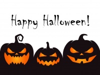 Drei Kürbis-Fratzen, Schriftzug Happy Halloween