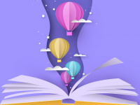 Grafik, geöffnetes Buch aus dem Heißluftballons schweben