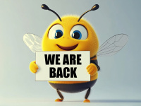 Cartoonfigur Biene mit Schild "We are back"