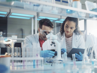 Two scientists work in the labour using a microscope.
