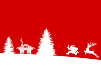 Silhouette with Santa Claus, reindeers, fir trees and log cabin
