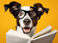 Ein Hund mit Brille liest in einem weißen Buch