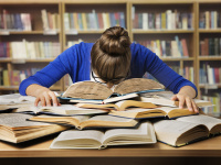 Woman lies with head on pile of books