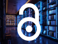 Open-Access-Symbol mit digitalen Regalen im Hintergrund