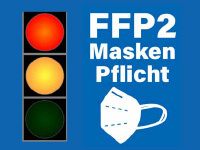 Traffic light switching to yellow and FFP2 mask with text: Mask obligation