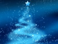 Graphic art with a Christmas tree containg of lights and stars with a blue background