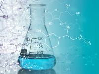 Graphic with Erlenmeyer flask, periodic table, and chemical formulas