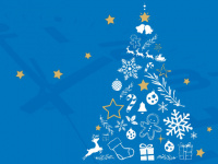 ein Weihnachtsbaum mit einer Uhr auf blauem Untergrund