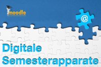 White jigsaw puzzle on blue background, Moodle logo and &quot;digital course reserves&quot; written on it (in German)