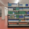 The media collection stored on shelves in a library.