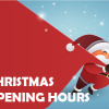 Cartoon mit Weihnachtsmann und Schriftzug "Christmas Opening Hours"