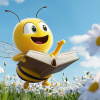 Graphic of a bee with a book on a spring meadow
