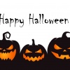 Three pumpkin grimaces, lettering Happy Halloween