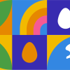 Graphischer Ostergruß mit Hasen, Blumen und Eiern. Pop-Art