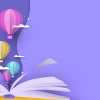 Graphic, open book from which hot air balloons float