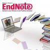 Collage of EndNote logo, laptop and flying books