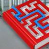 Teilbibliothek Stammgelände mit Buch, das ein Labyrinth zeigt auf dem ein Weg eingetragen ist.