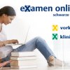 Junge Frau mit Laptop und Bücherstapel neben sich sowie Logo von "exmanen online"