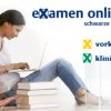 Young woman with laptop and pile of books and logo of "examen online"