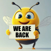 Cartoonfigur Biene mit Schild "We are back"