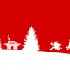 Silhouette with Santa Claus, reindeers, fir trees and log cabin