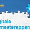 White jigsaw puzzle on blue background, Moodle logo and "digital course reserves" written on it (in German)