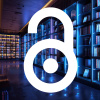 Open Access symbol with digital library shelves in the background