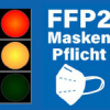 Ampel, die auf gelb schaltet und eine FFP2-Maske mit Text Maskenpflicht