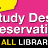Hintergrundfarben rosa und schwarz mit dem Text Study Desk Reservation in all libraries. Gelber Störer: New