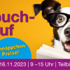 Ein Hund mit Brille liest in einem Buch mit Text: Lehrbuchverkauf in der Teilbibliothek Chemie vom 13.11. bis 16.11.2023 von 9 bis 15 Uhr