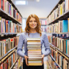 Woman with a stack of books standing at the shelf