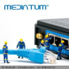 Miniature figures with internet cable in front of a switch box and mediaTUM writing above