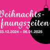 Banner mit Christbaumkugeln auf pinkem Hintergrund. Text: Weihnachtsöffnungszeiten 23.12.2024 bis 6.1.2025