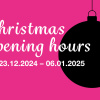 Christmas baubles on a pink background with the text: Christmas opening hours: 23.12.2024 - 6.1.2025