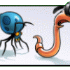 Wurm flüchtet vor einer Spinne (Logo des Bibliotheksspiels Letterheinz)